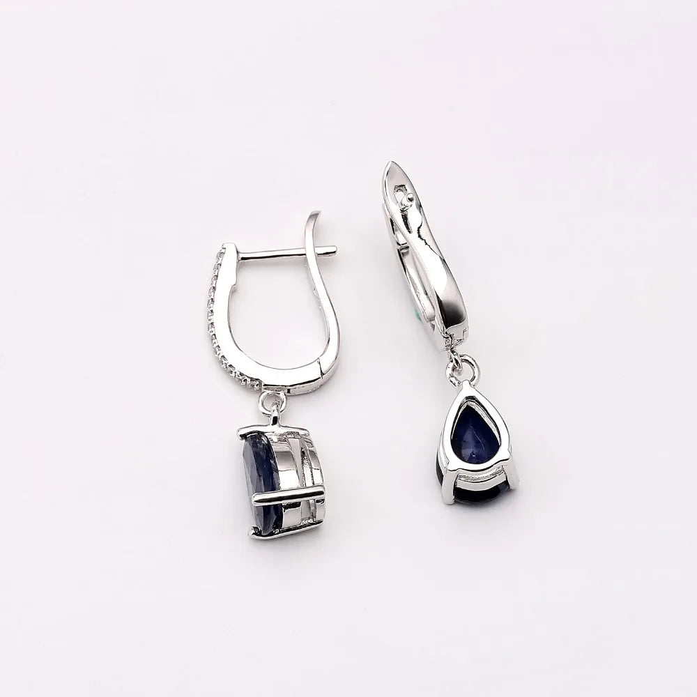 Natural Blue Sapphire Gemstone Drop Sterling Silver Earrings