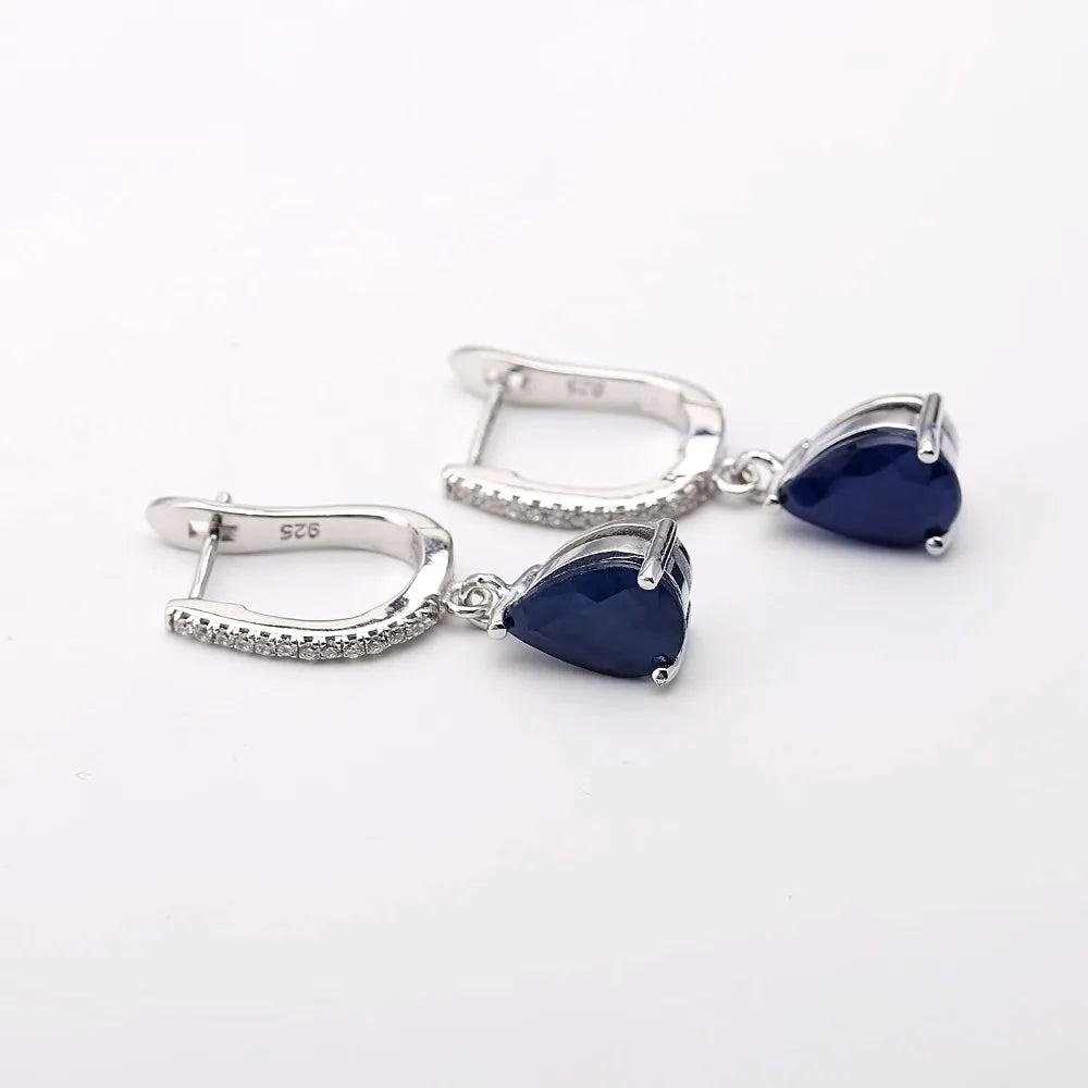 Natural Blue Sapphire Gemstone Drop Sterling Silver Earrings