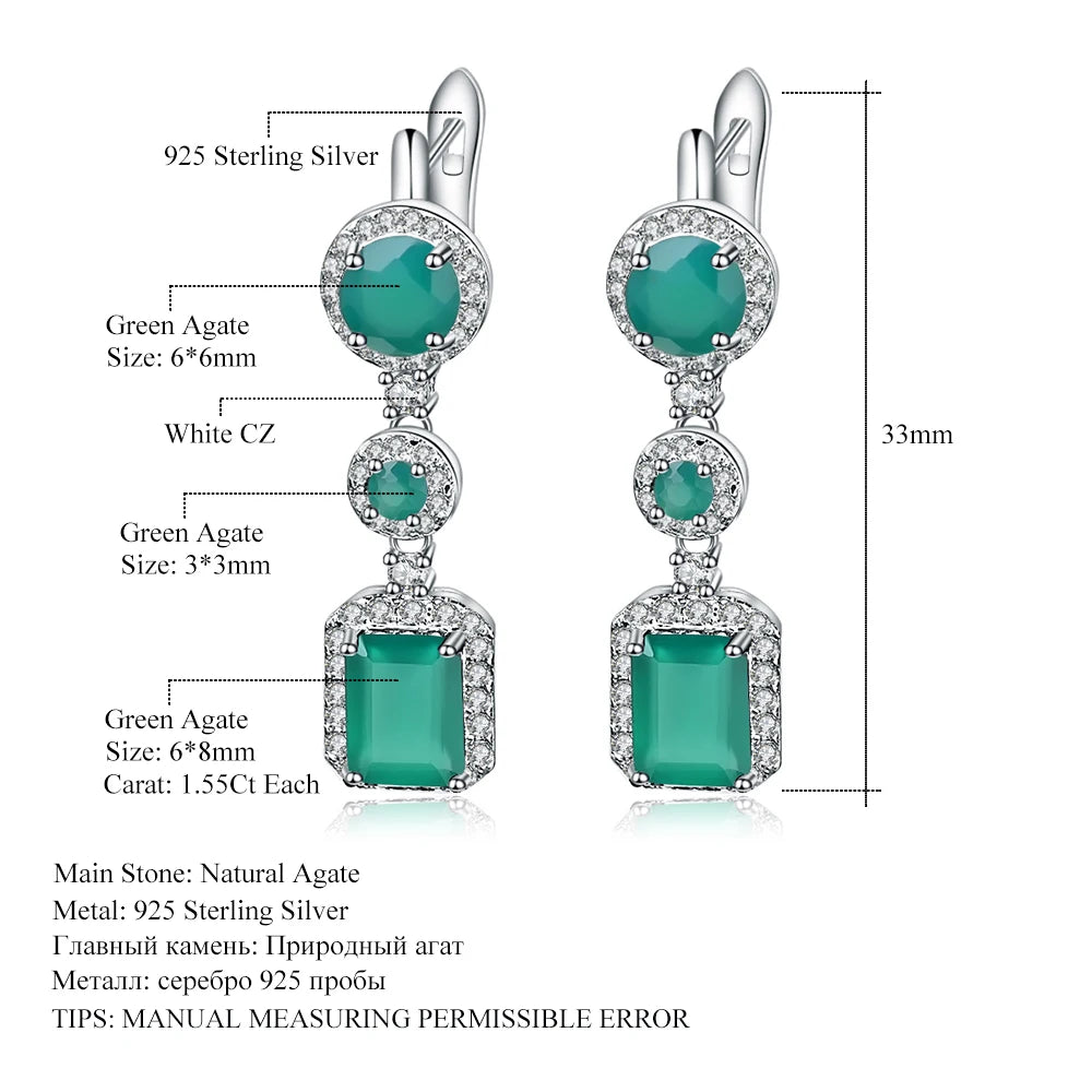 Natural Green Agate Drop Earrings Sterling Silver Vintage Earrings