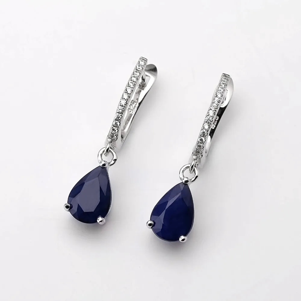 Natural Blue Sapphire Gemstone Drop Sterling Silver Earrings