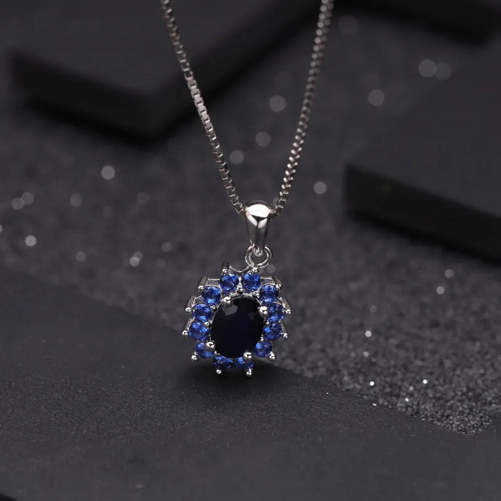 Natural Blue Sapphire Pendants Necklace Sterling Silver