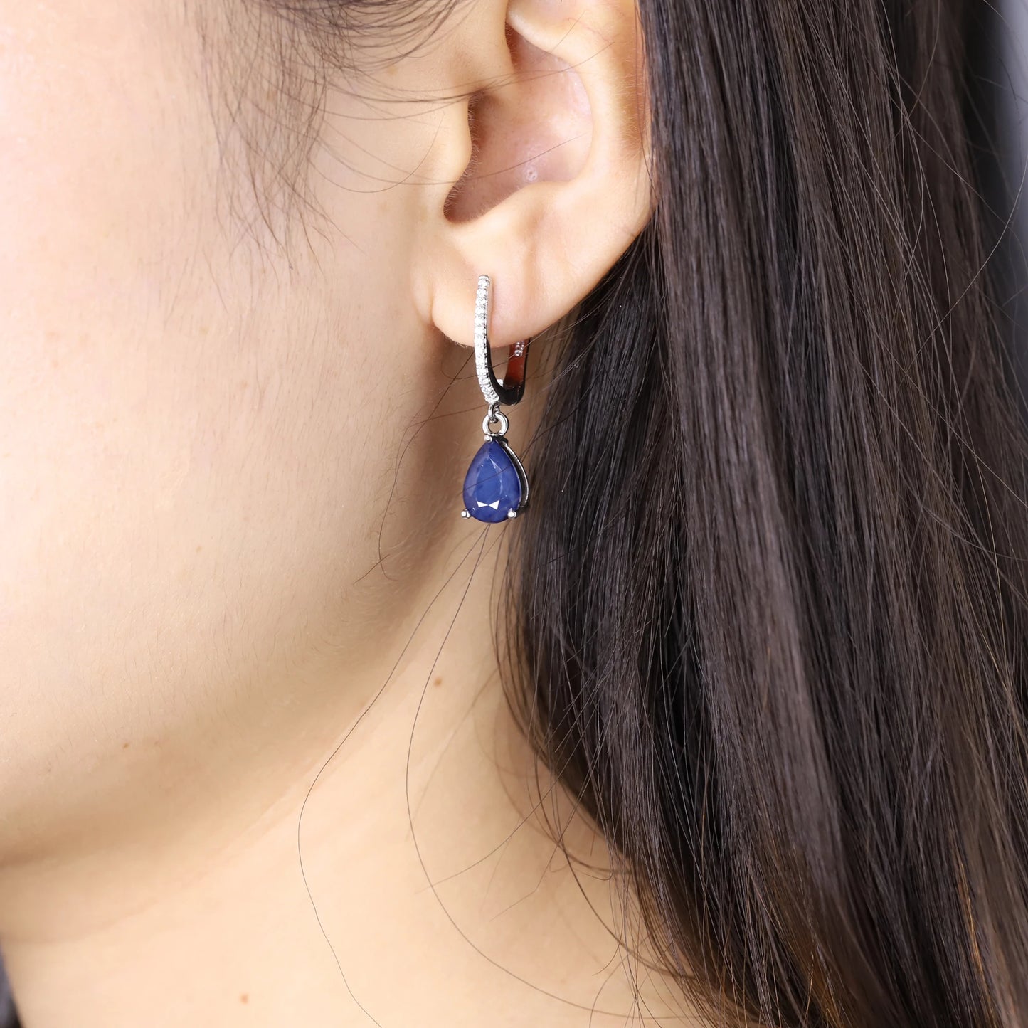 Natural Blue Sapphire Gemstone Drop Sterling Silver Earrings