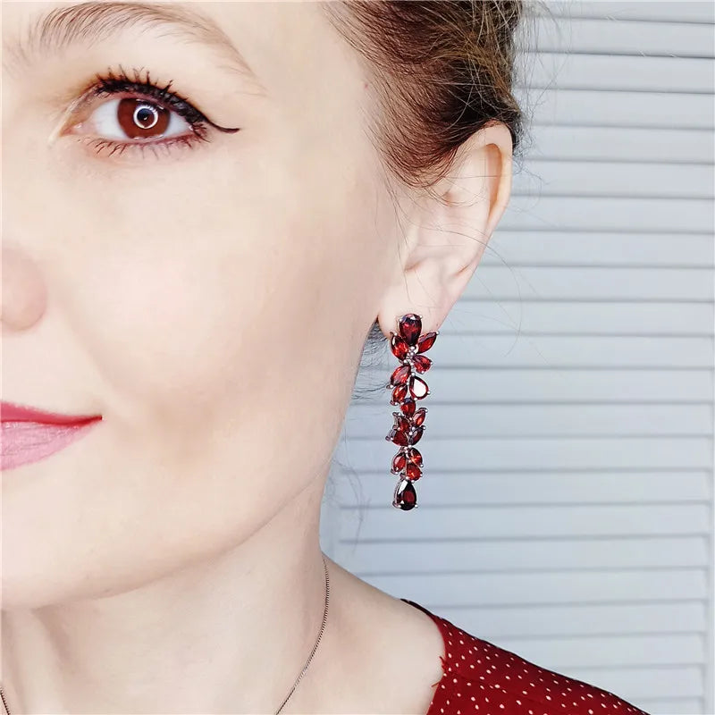 Natural Red Garnet Sterling Sliver Leaves Branches Drop Earrings For Women