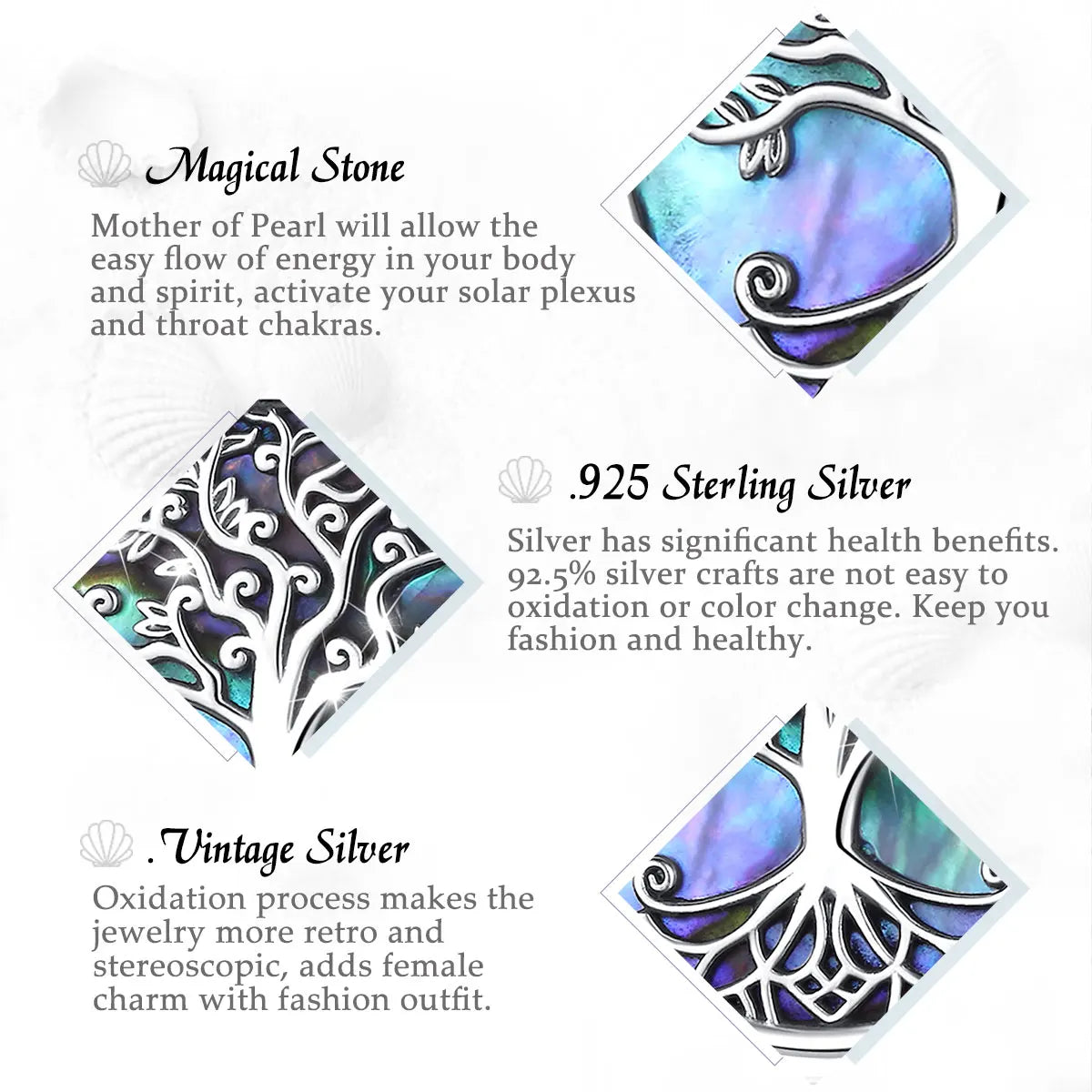 925 Sterling Silver Tree of Life Pendant Necklace Abalone Shell Jewelry Elegant Fashion Party Gift