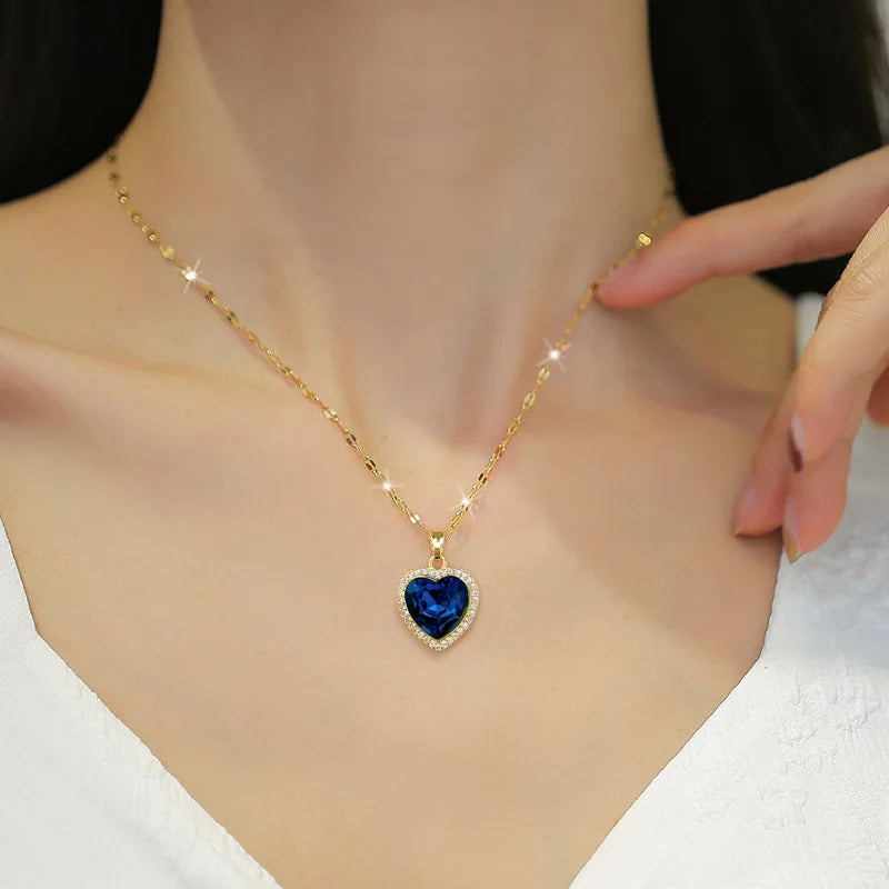 Stainless Steel Blue Heart Zircon Pendant Necklace Chain for Girls Women