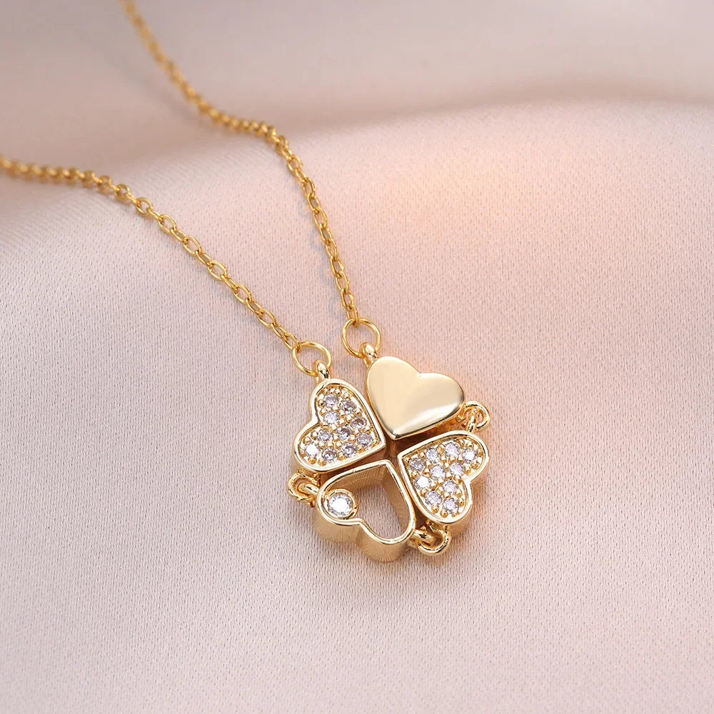 Sparkling Heart-shaped Four Leaf Clover Zircon Pendant Necklace Deformed 4-in-1 Love Titanium Steel Necklace Jewelry