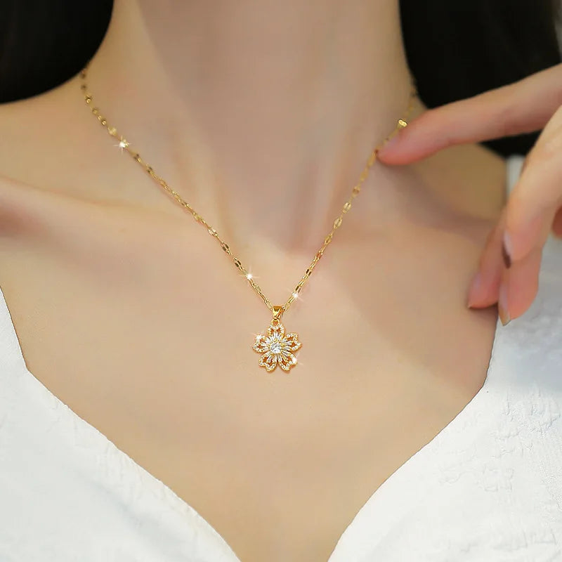 Stainless Steel Flower Pendant Necklace For Women Girls Clavicle Chain Jewelry