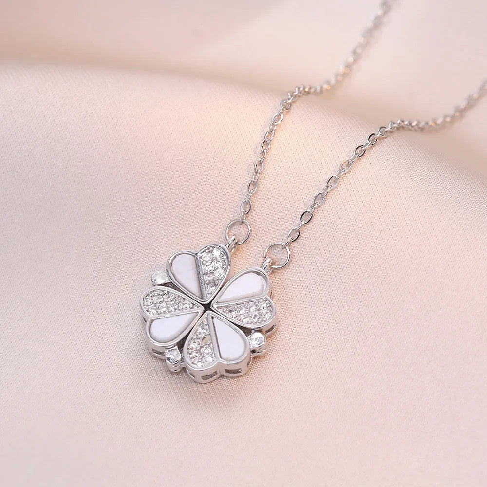 Sparkling Heart-shaped Four Leaf Clover Zircon Pendant Necklace Deformed 4-in-1 Love Titanium Steel Necklace Jewelry