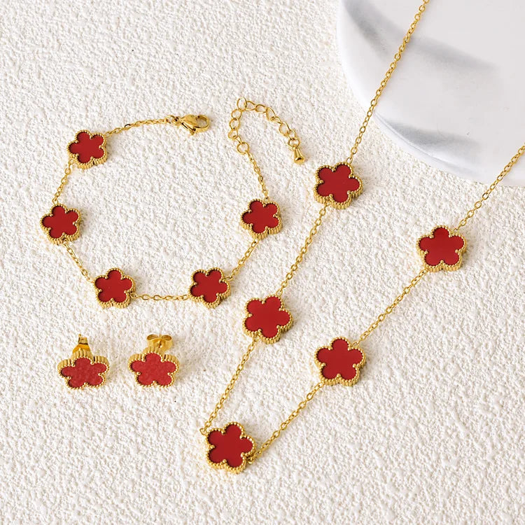Five Leaf Flower Jewelry Set Stainless Steel Gold Plated Bracelet Necklace Earrings Plum Blossom Plant
