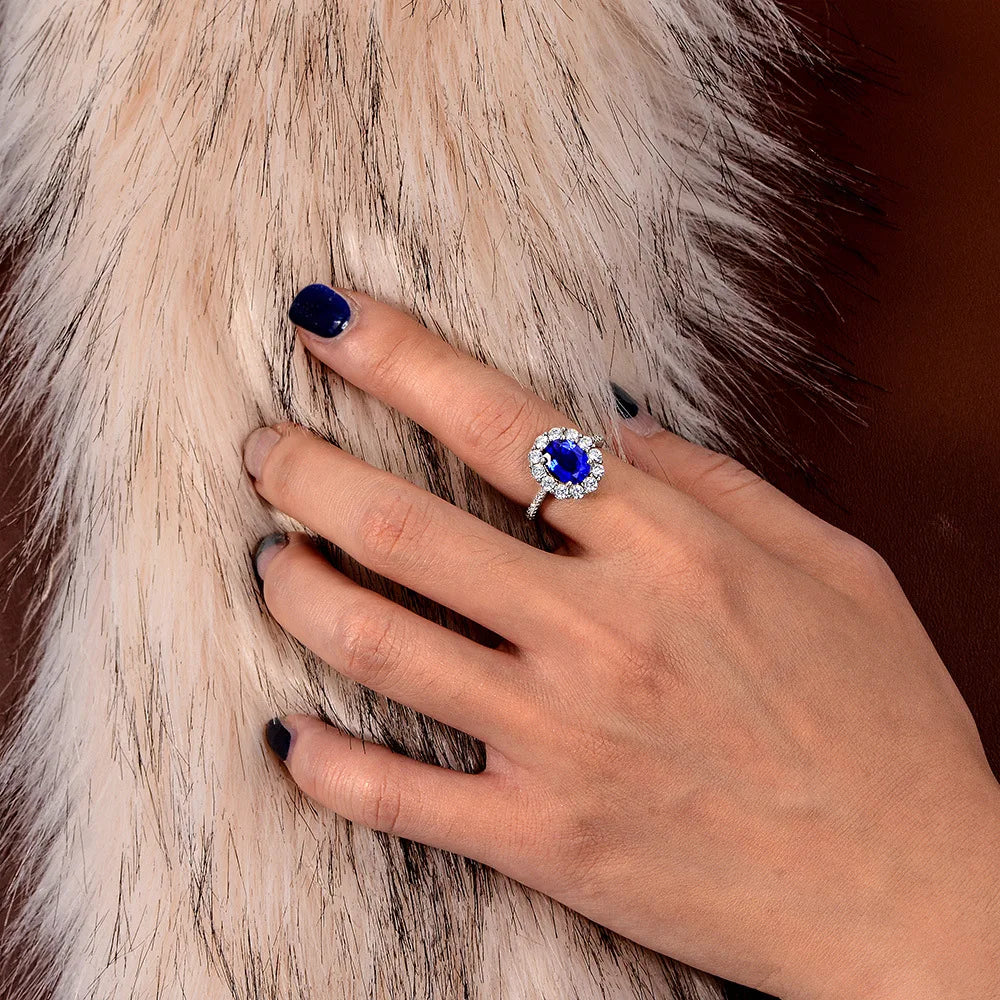 Halo Oval Created Sapphire Sterling Silver Engagement & Wedding Ring