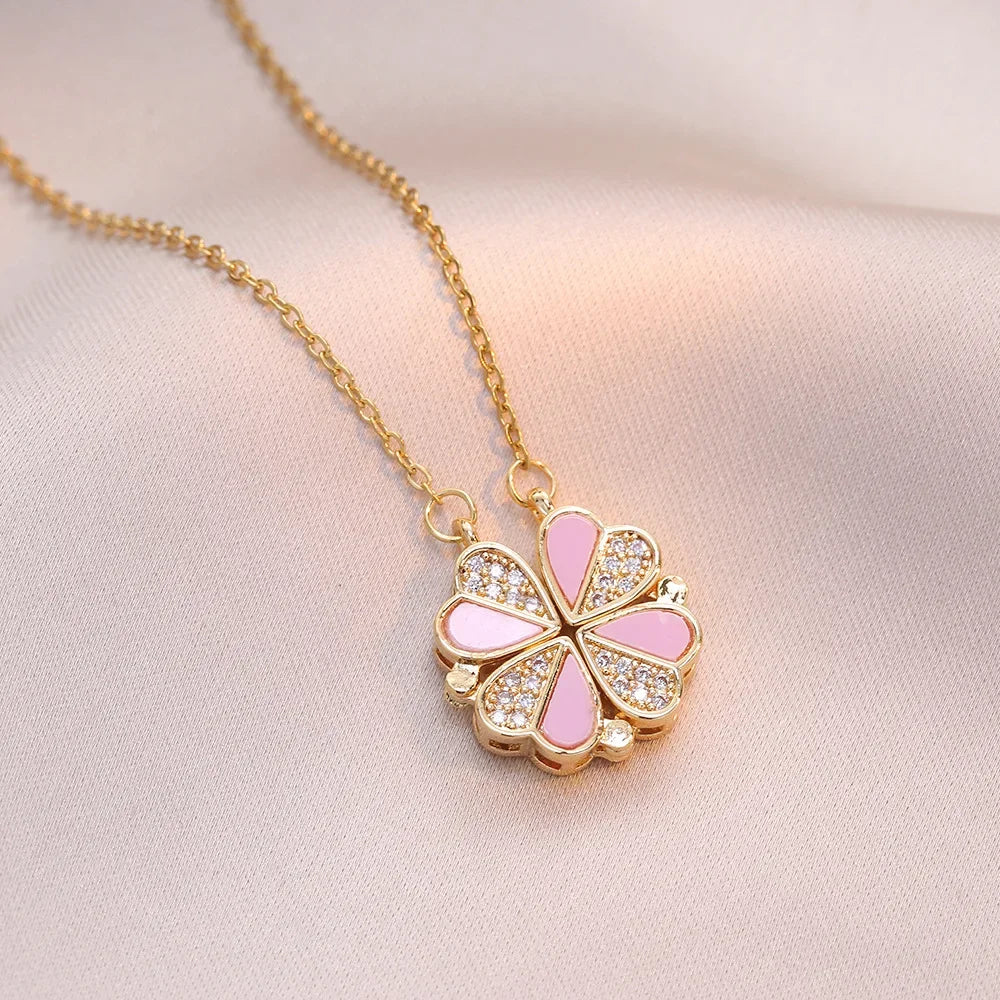 Sparkling Heart-shaped Four Leaf Clover Zircon Pendant Necklace Deformed 4-in-1 Love Titanium Steel Necklace Jewelry