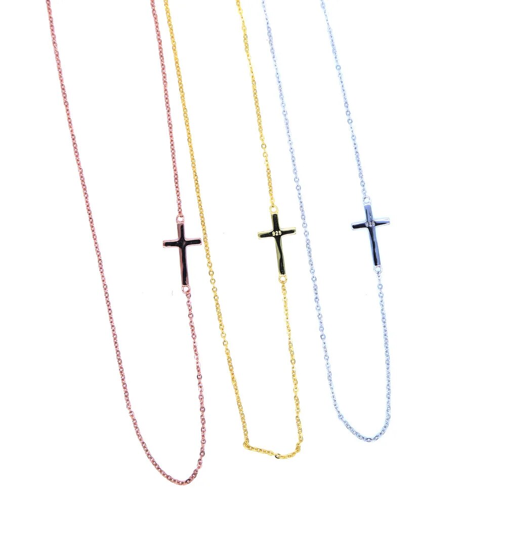 Sterling Silver Cross Sideway Chain Women Ladies Simple Fashion Necklace