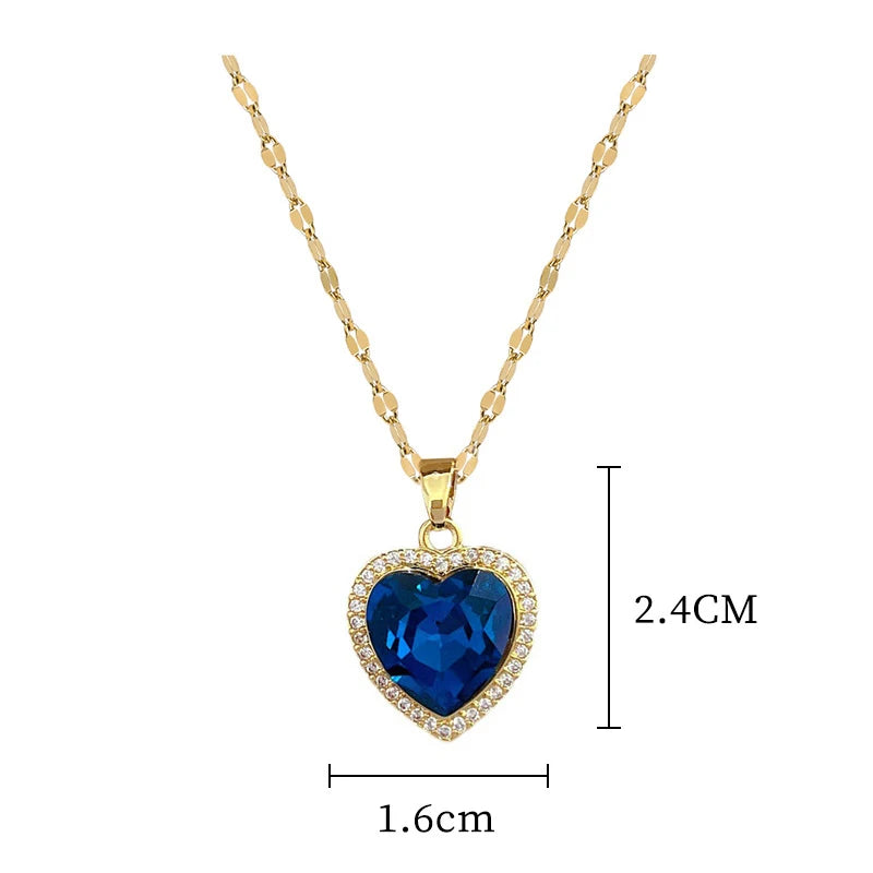 Stainless Steel Blue Heart Zircon Pendant Necklace Chain for Girls Women
