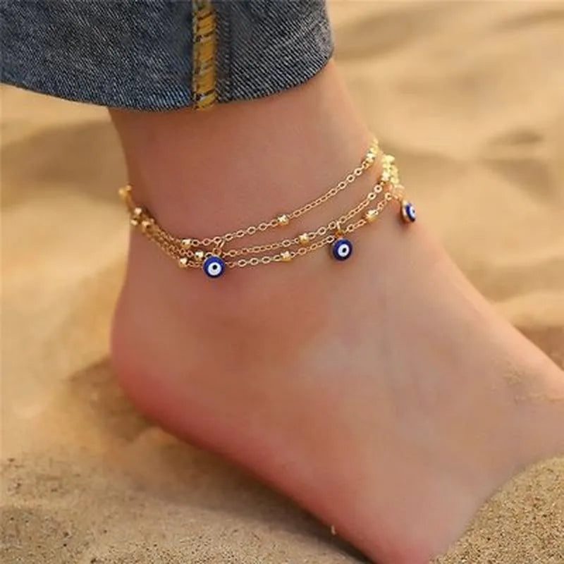 Devil's Eyes Simple Eyes Multi-layer Anklet Alloy Color Ladies Colorful Turkish Eyes Anklets for Women Gold