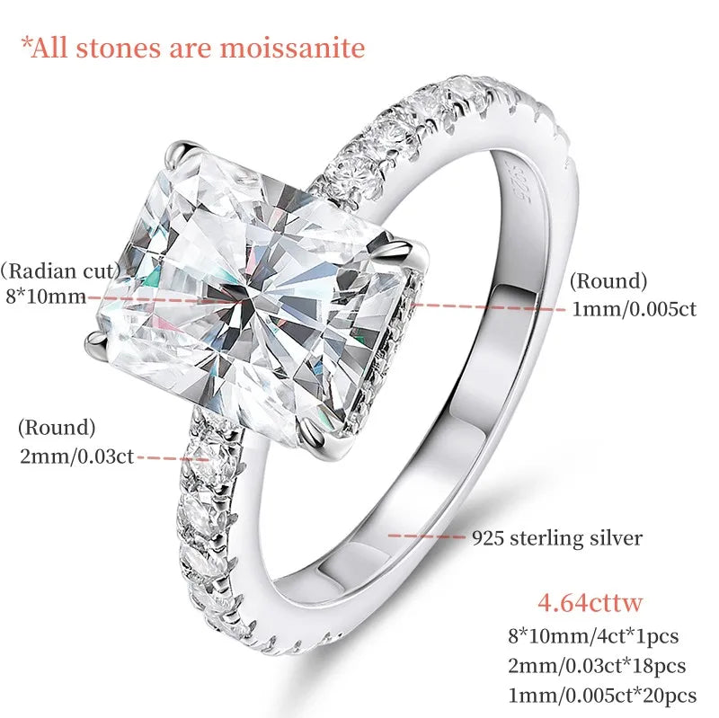 Moissanite Emerald/Radian Cut Rings Sterling Silver Engagement Ring & Wedding Band