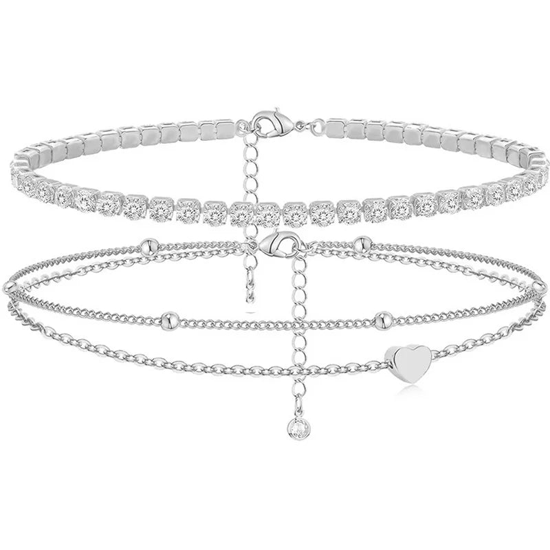 Dainty Gold Plated Layered CZ Anklets
