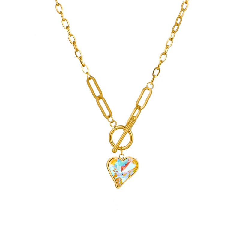Stainless Steel Colorful Dazzling Heart Pendant Necklace For Women Girl Waterproof Jewelry