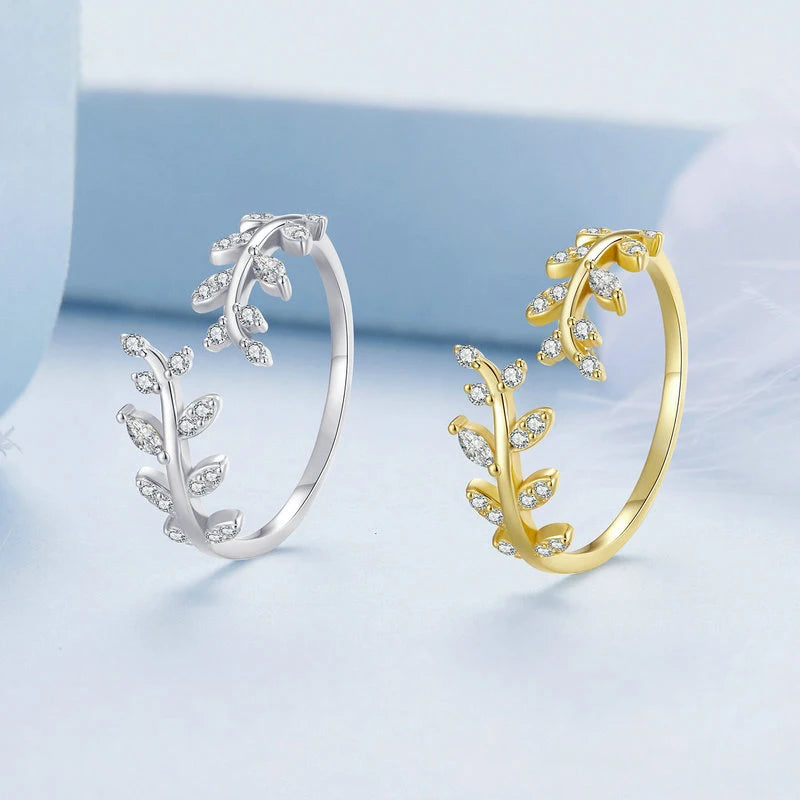 Sterling Silver Zirconia Leaf Branch Adjustable Rings