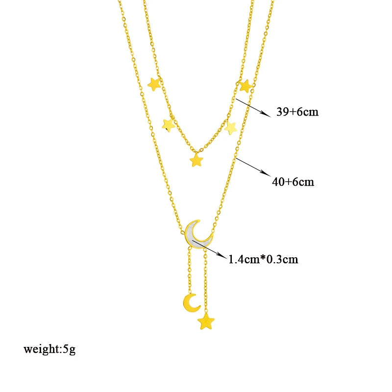 Stainless Steel Star Moon Long Pendant Necklace For Women New Fashion Girls Multilayer Clavicle Chain Jewelry