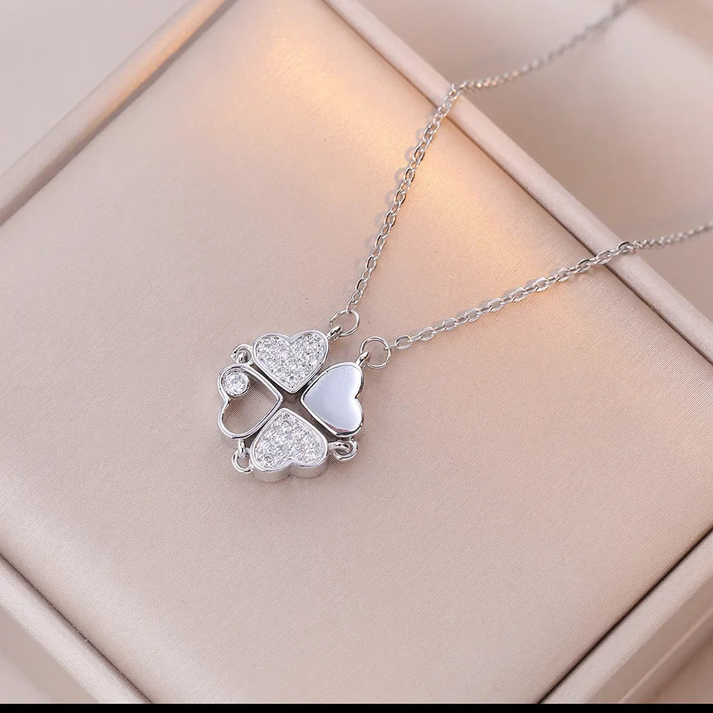 Sparkling Heart-shaped Four Leaf Clover Zircon Pendant Necklace Deformed 4-in-1 Love Titanium Steel Necklace Jewelry