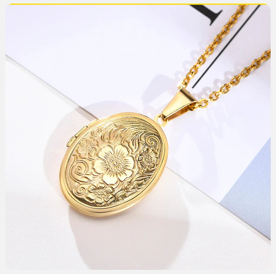 Oval Heart Locket Pendant Necklaces for Women Men Stainless Steel Photo Frame Promise Love Jewellery