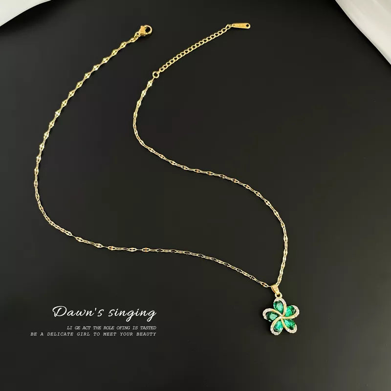 Stainless Steel Green Zircon Flowers Pendant Necklace For Women Jewelry Gifts
