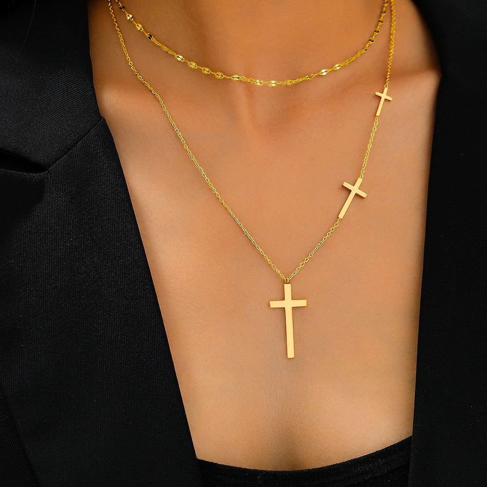 Stainless Steel Cross Pendant Choker Multilayer Chain Necklace For Women