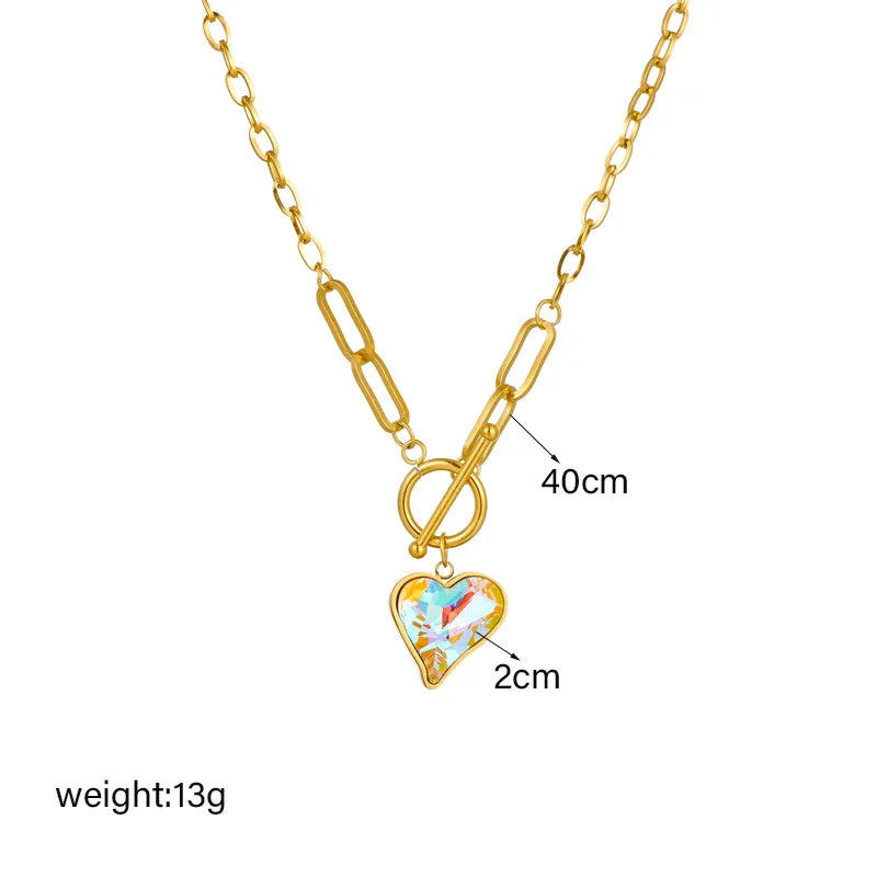 Stainless Steel Colorful Dazzling Heart Pendant Necklace For Women Girl Waterproof Jewelry