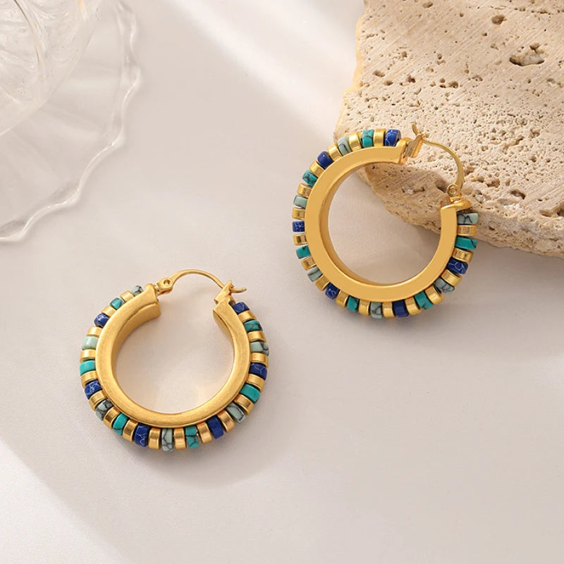 Retro Jewelry Green Stones Earrings Luxury Design High Quality Brass Metal Gold Color Hoop Earrings For Women 2023
