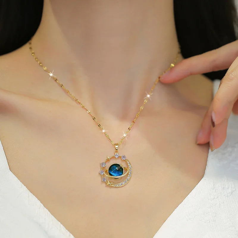 Starry Sky Planet Light Luxurious Temperament Necklace Stars and Moon Versatile Stainless Steel Women Jewellery