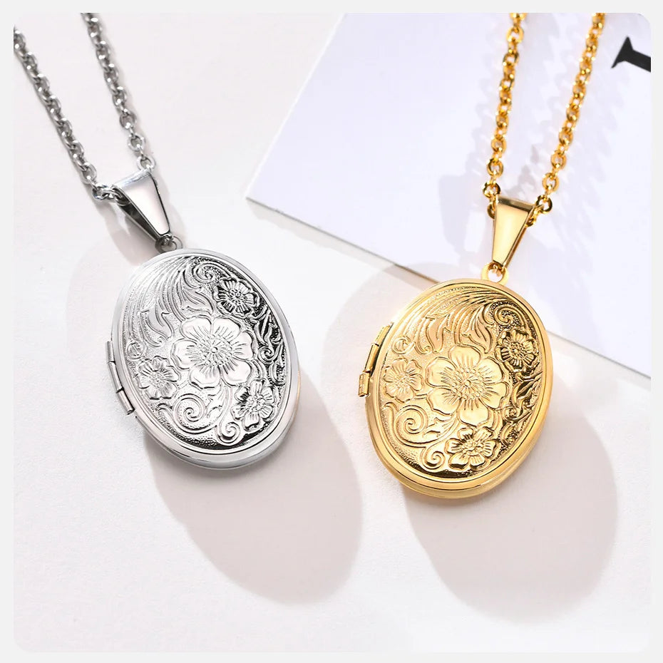 Oval Heart Locket Pendant Necklaces for Women Men Stainless Steel Photo Frame Promise Love Jewellery