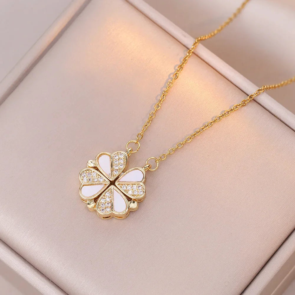Sparkling Heart-shaped Four Leaf Clover Zircon Pendant Necklace Deformed 4-in-1 Love Titanium Steel Necklace Jewelry