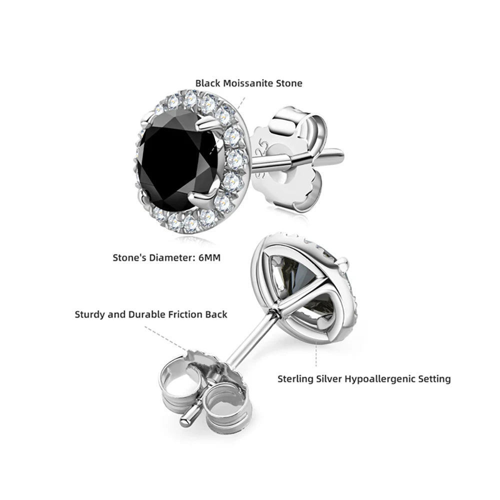 Sterling Silver Stud Ear Inlaid 1.6 Carat Black Moissanite Earrings