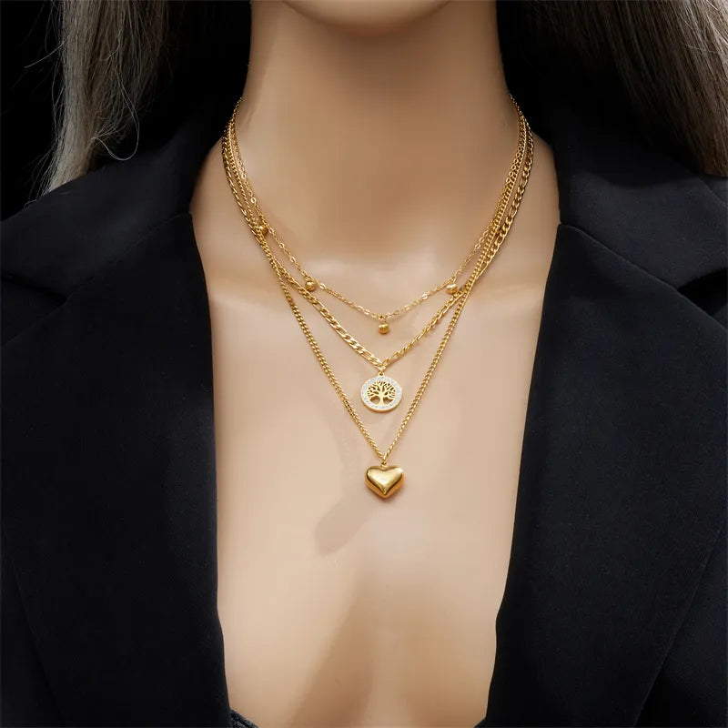 Stainless Steel Heart Tree Pendant Necklace Earrings For Women Girl Non-fading Chain Choker Jewelry Set