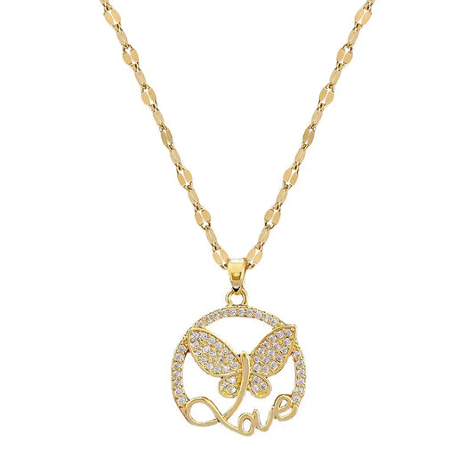 Stainless Steel Butterfly Love Letter Pendant Necklace For Women Girl New Trend Clavicle Chain Jewelry