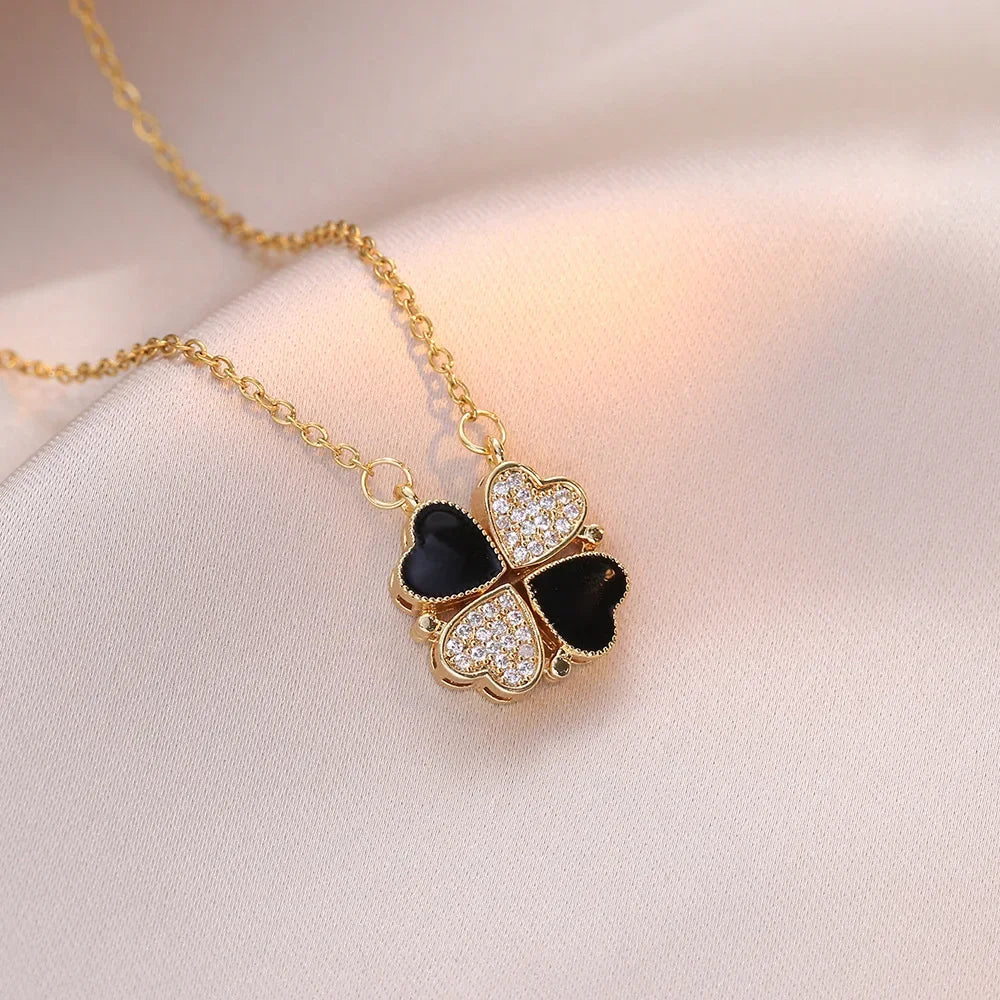 Sparkling Heart-shaped Four Leaf Clover Zircon Pendant Necklace Deformed 4-in-1 Love Titanium Steel Necklace Jewelry