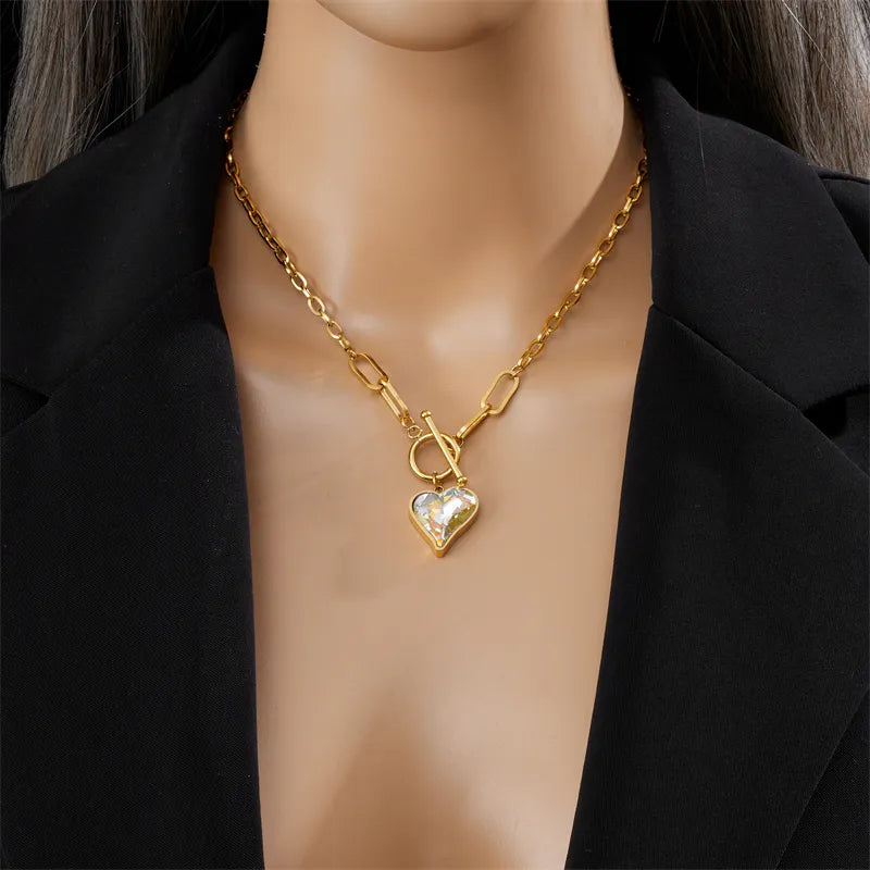 Stainless Steel Colorful Dazzling Heart Pendant Necklace For Women Girl Waterproof Jewelry