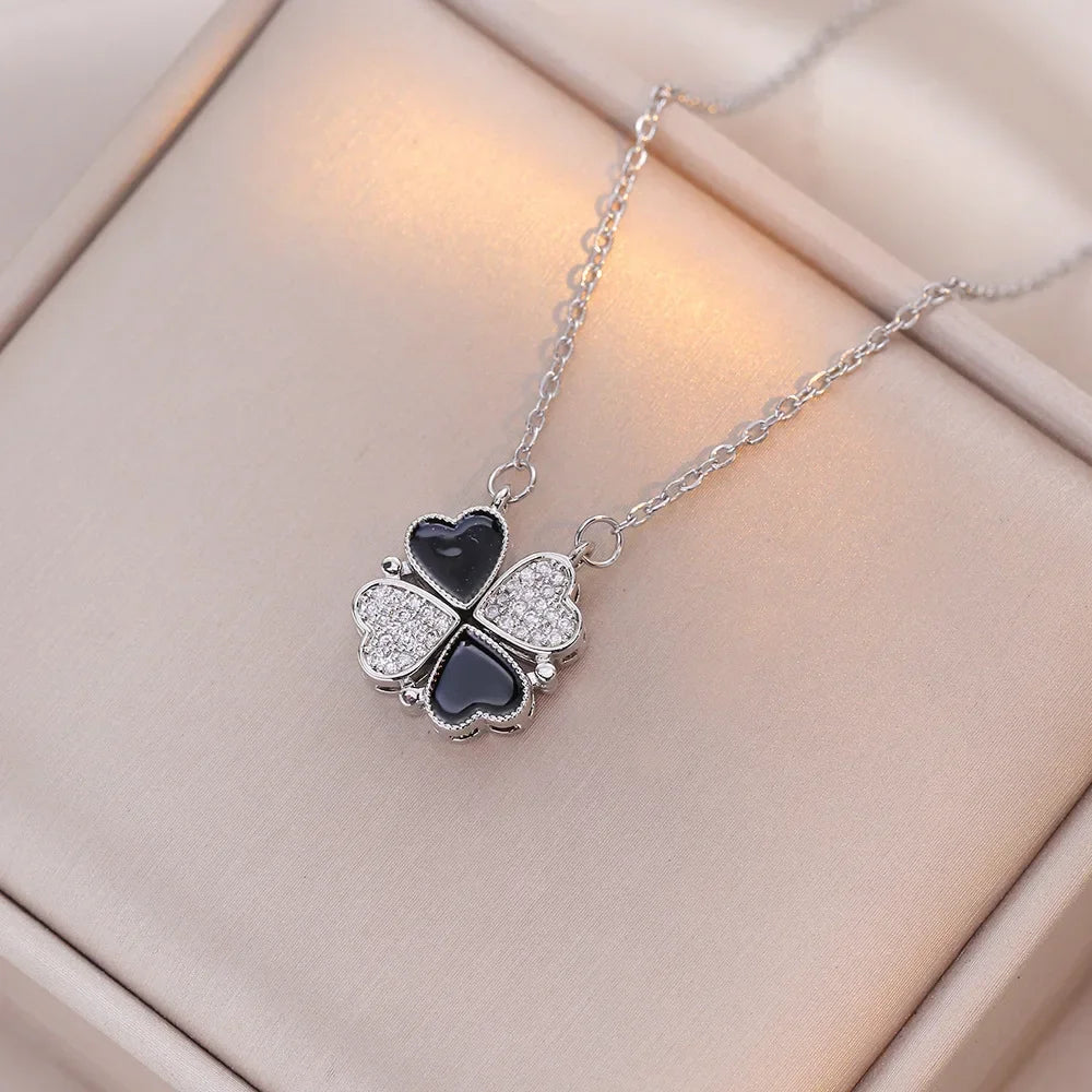 Sparkling Heart-shaped Four Leaf Clover Zircon Pendant Necklace Deformed 4-in-1 Love Titanium Steel Necklace Jewelry