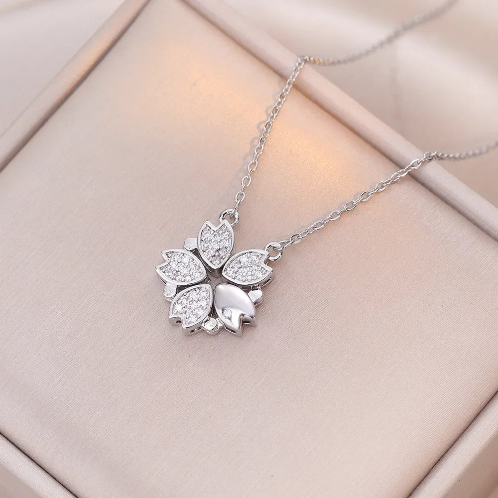 Sparkling Heart-shaped Four Leaf Clover Zircon Pendant Necklace Deformed 4-in-1 Love Titanium Steel Necklace Jewelry