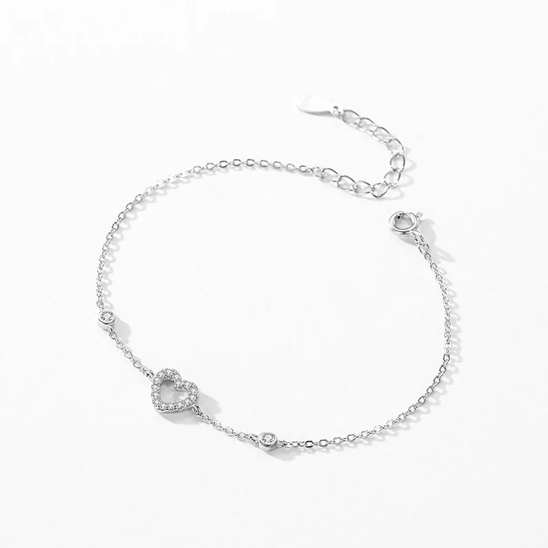 Sterling Silver Charm Heart Zirconia Link Chain Bracelet