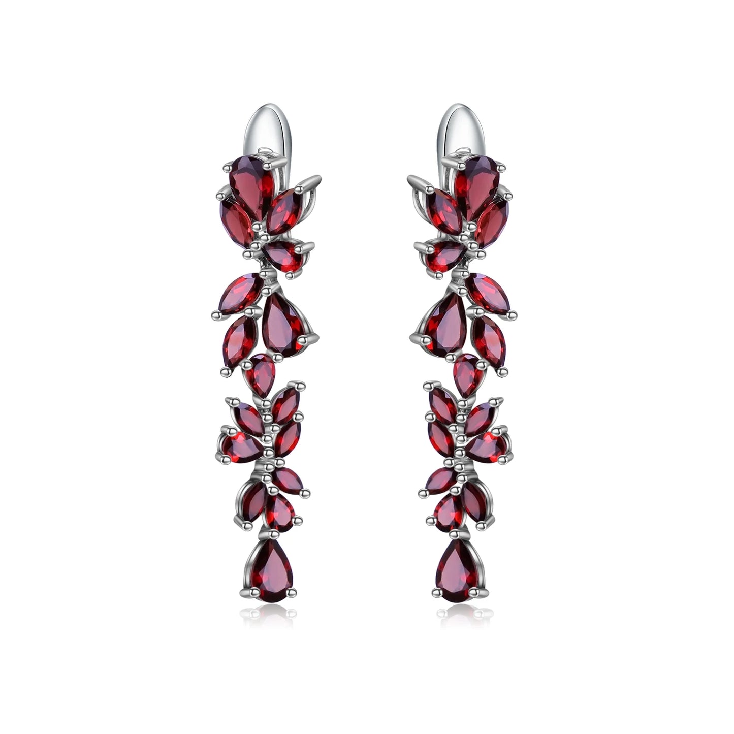 Natural Red Garnet Sterling Sliver Leaves Branches Drop Earrings For Women