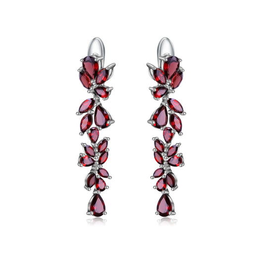 Natural Red Garnet Sterling Sliver Leaves Branches Drop Earrings For Women