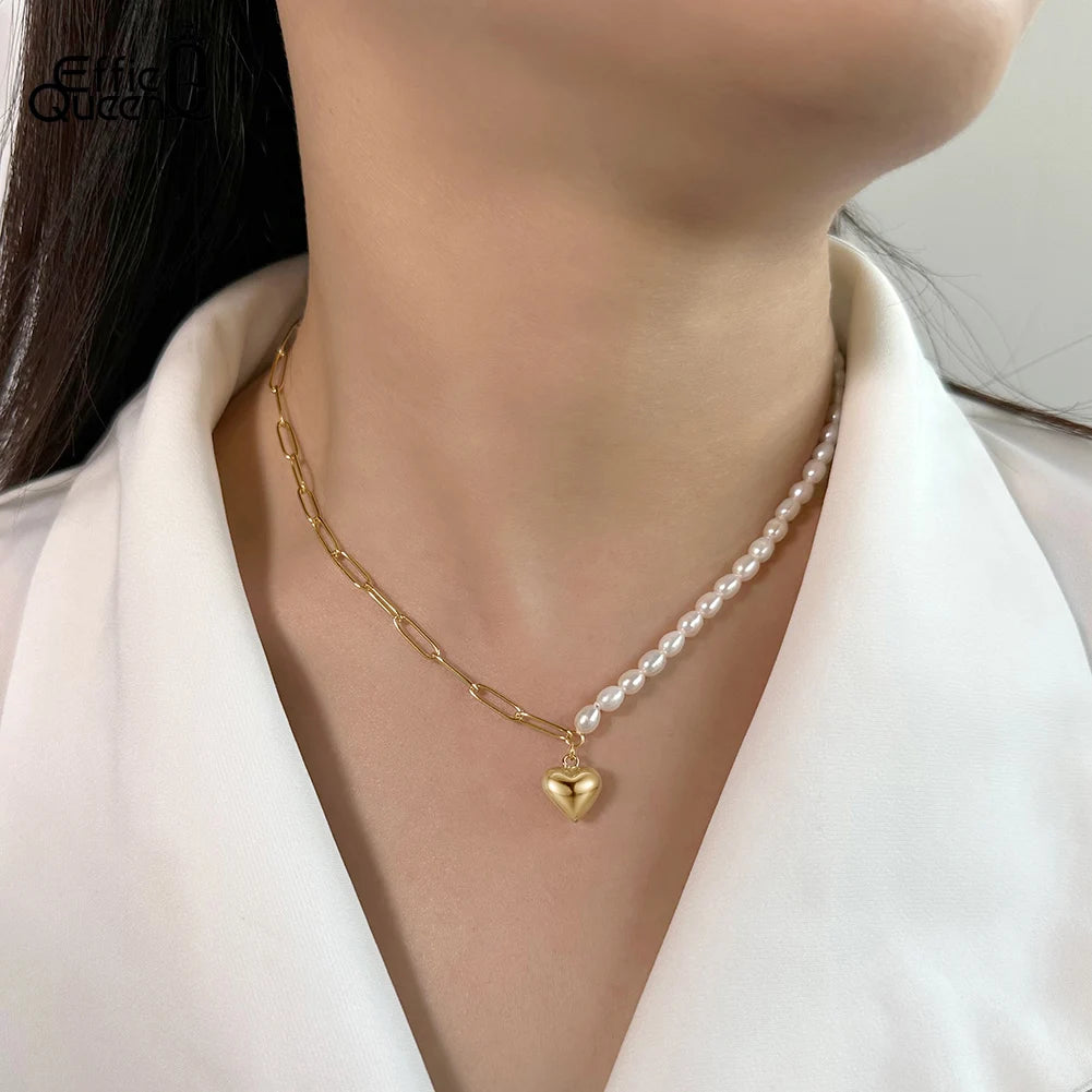 925 Sterling Silver Natural Pearl Necklace for Women Paperclip Link Chain Heart Pendant Necklace Fine Jewelry