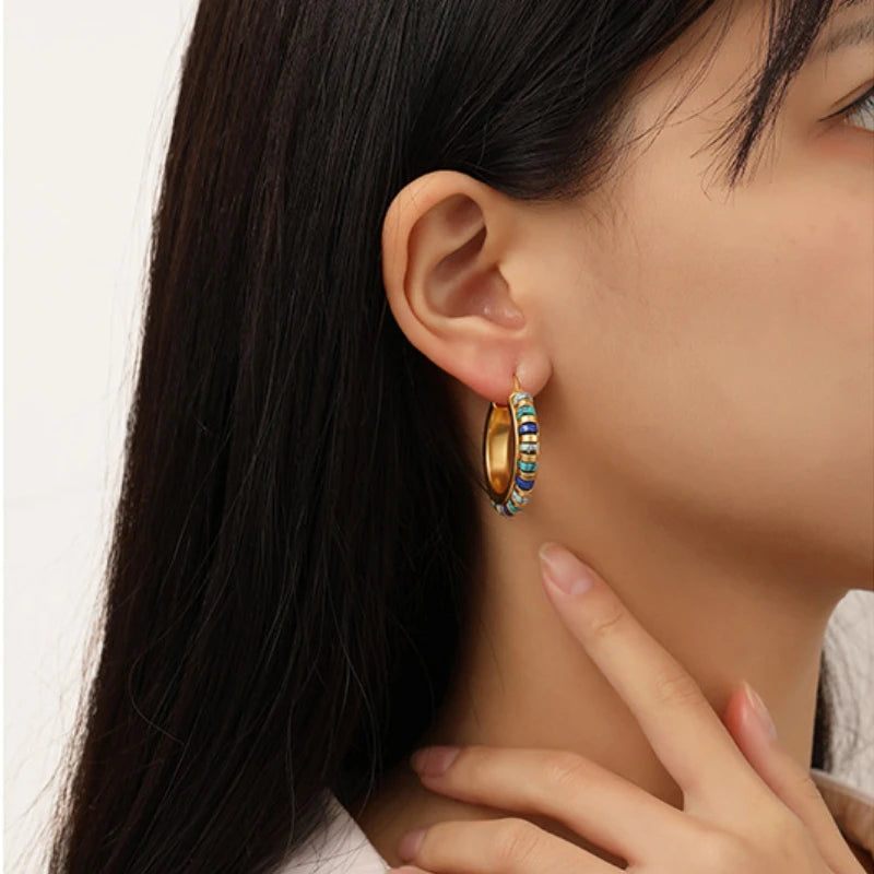 Retro Jewelry Green Stones Earrings Luxury Design High Quality Brass Metal Gold Color Hoop Earrings For Women 2023