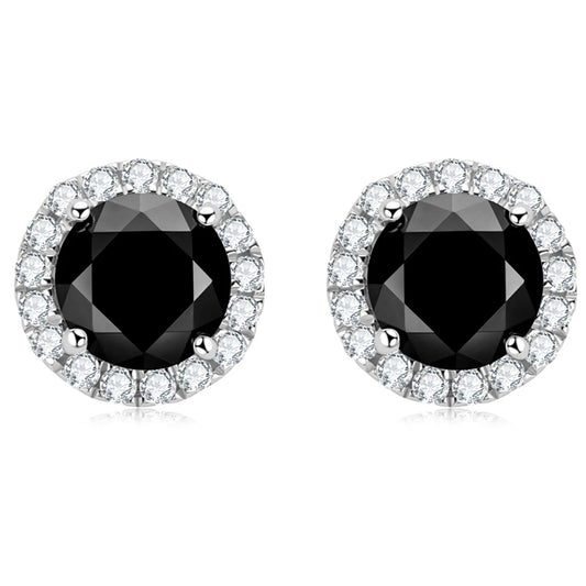 Sterling Silver Round Halo Black Moissanite Studs
