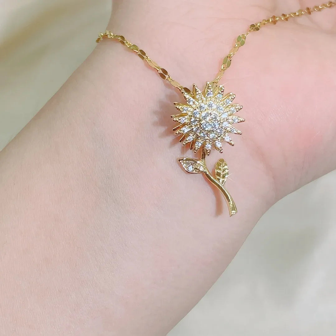 Stainless Steel Rotatable Spinning Sunflower Necklace Zircon Clavicle Chain Jewelry