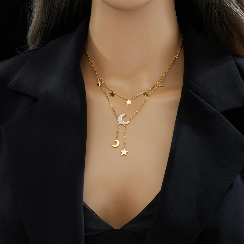 Stainless Steel Star Moon Long Pendant Necklace For Women New Fashion Girls Multilayer Clavicle Chain Jewelry