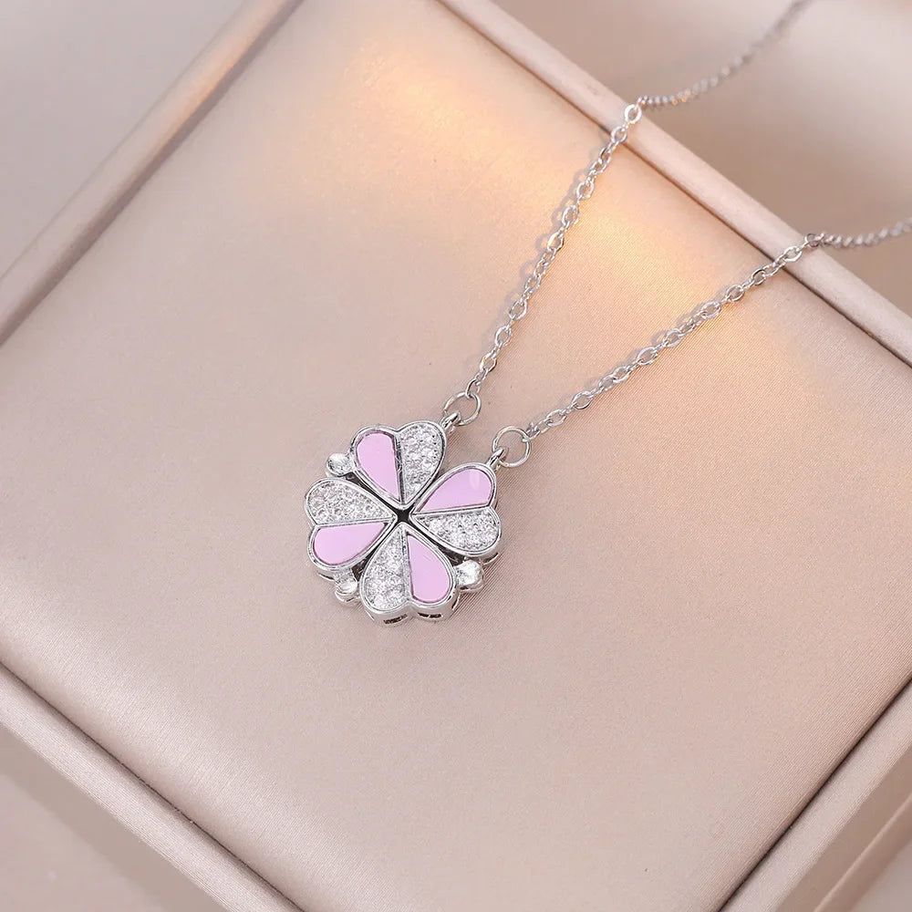 Sparkling Heart-shaped Four Leaf Clover Zircon Pendant Necklace Deformed 4-in-1 Love Titanium Steel Necklace Jewelry
