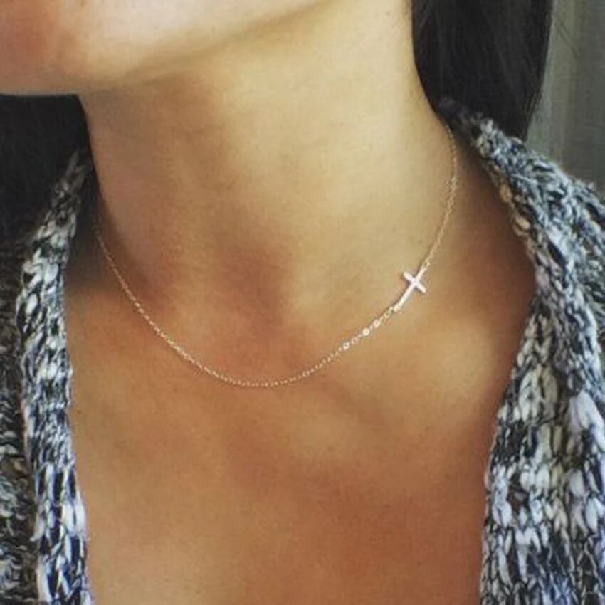 Sterling Silver Cross Sideway Chain Women Ladies Simple Fashion Necklace