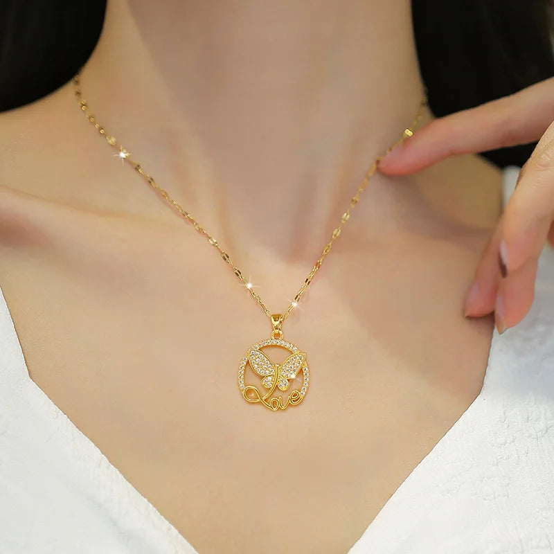 Stainless Steel Butterfly Love Letter Pendant Necklace For Women Girl New Trend Clavicle Chain Jewelry